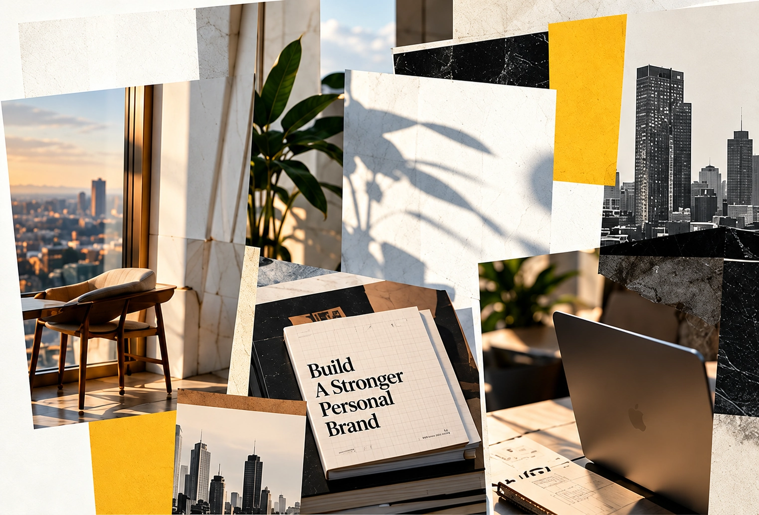 Architectural collage with workspace, city skyline and personal branding notebook