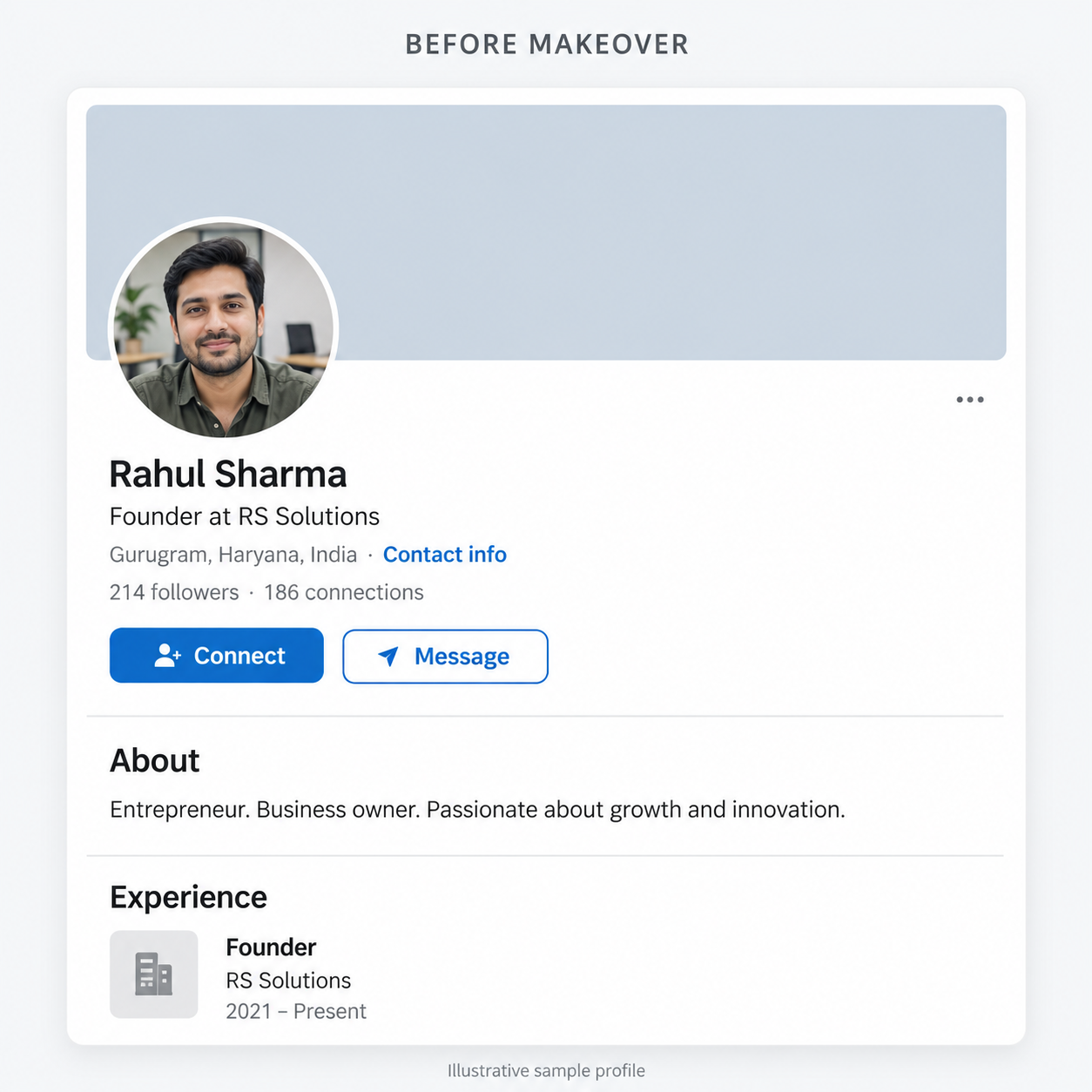 LinkedIn profile before makeover, showing introduction and About section
