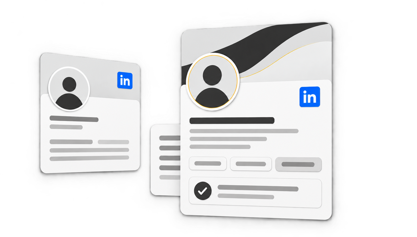 Layered LinkedIn profile cards in white and charcoal with subtle yellow accents
