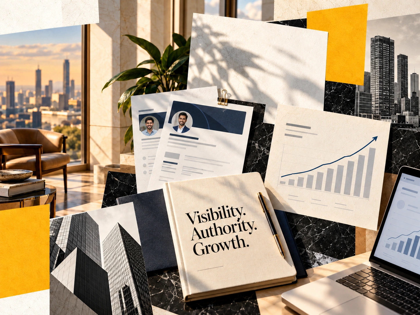 Premium LinkedIn profile transformation and growth collage with Visibility, Authority and Growth notebook